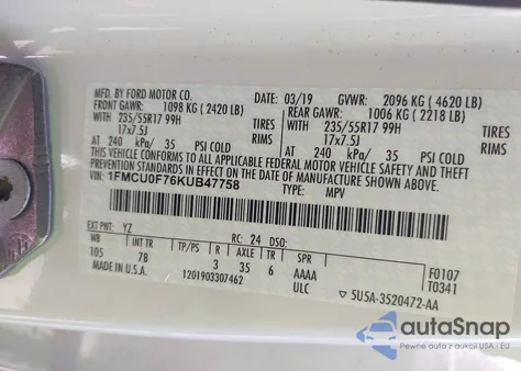 2019 Ford Escape S из США, поврежденный, VIN 1FMCU0F76KUB47758